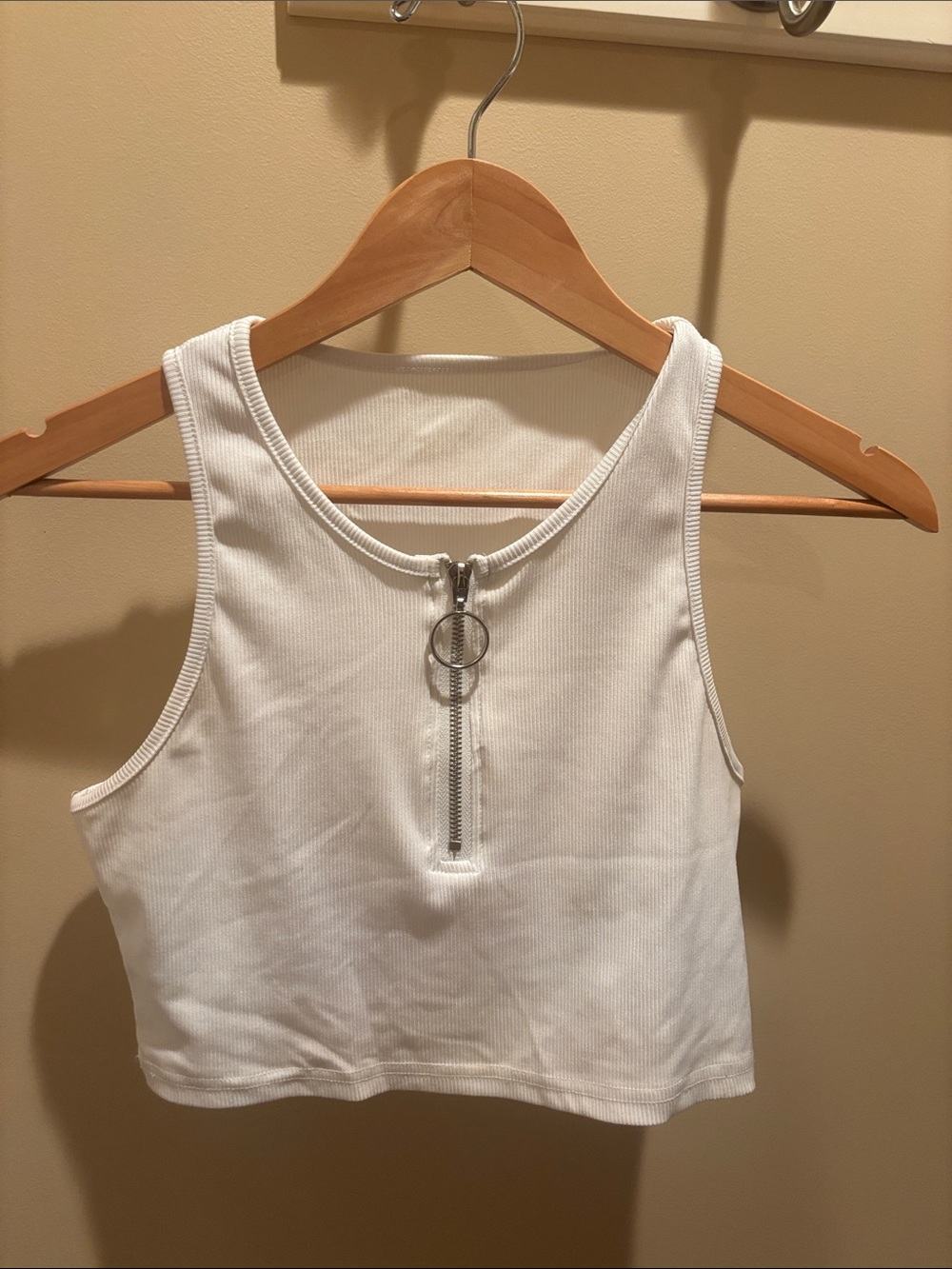 White Ribbed Crop Tank Top with Front Zip